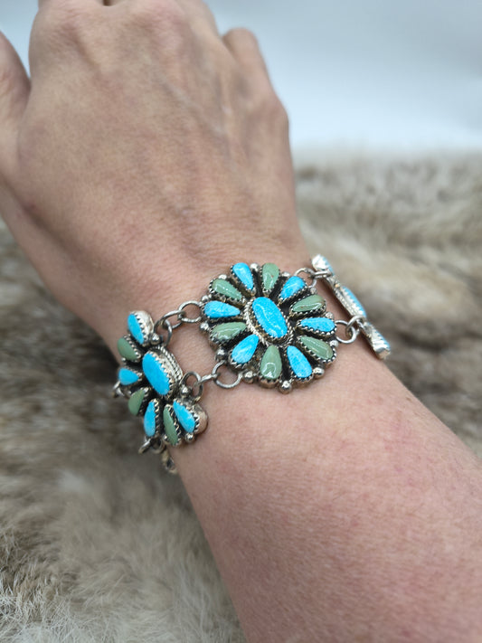 Two-tone Turquoise Cluster Link Bracelet by Alicia Wilson, Navajo