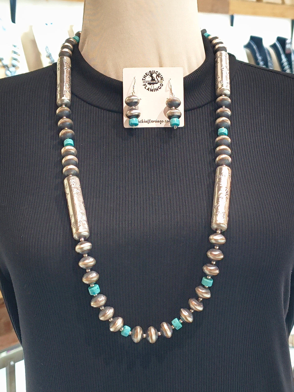 32" Handmade Navajo Pearl & Earring Set with Turquoise by Sharon Cooley, Navajo