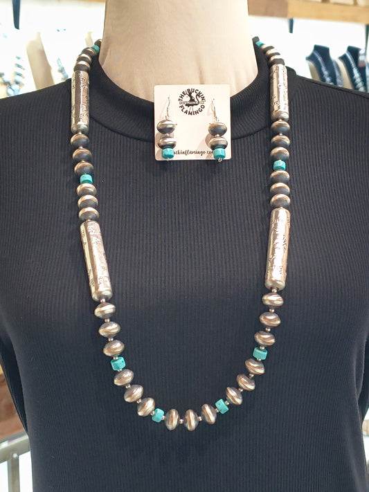 32" Handmade Navajo Pearl & Earring Set with Turquoise by Sharon Cooley, Navajo