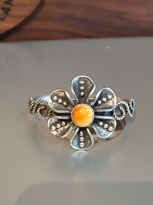 Orange Spiny Oyster Shell with Mercury Dime Flower Cuff Bracelet by James Begay, Jr., Navajo