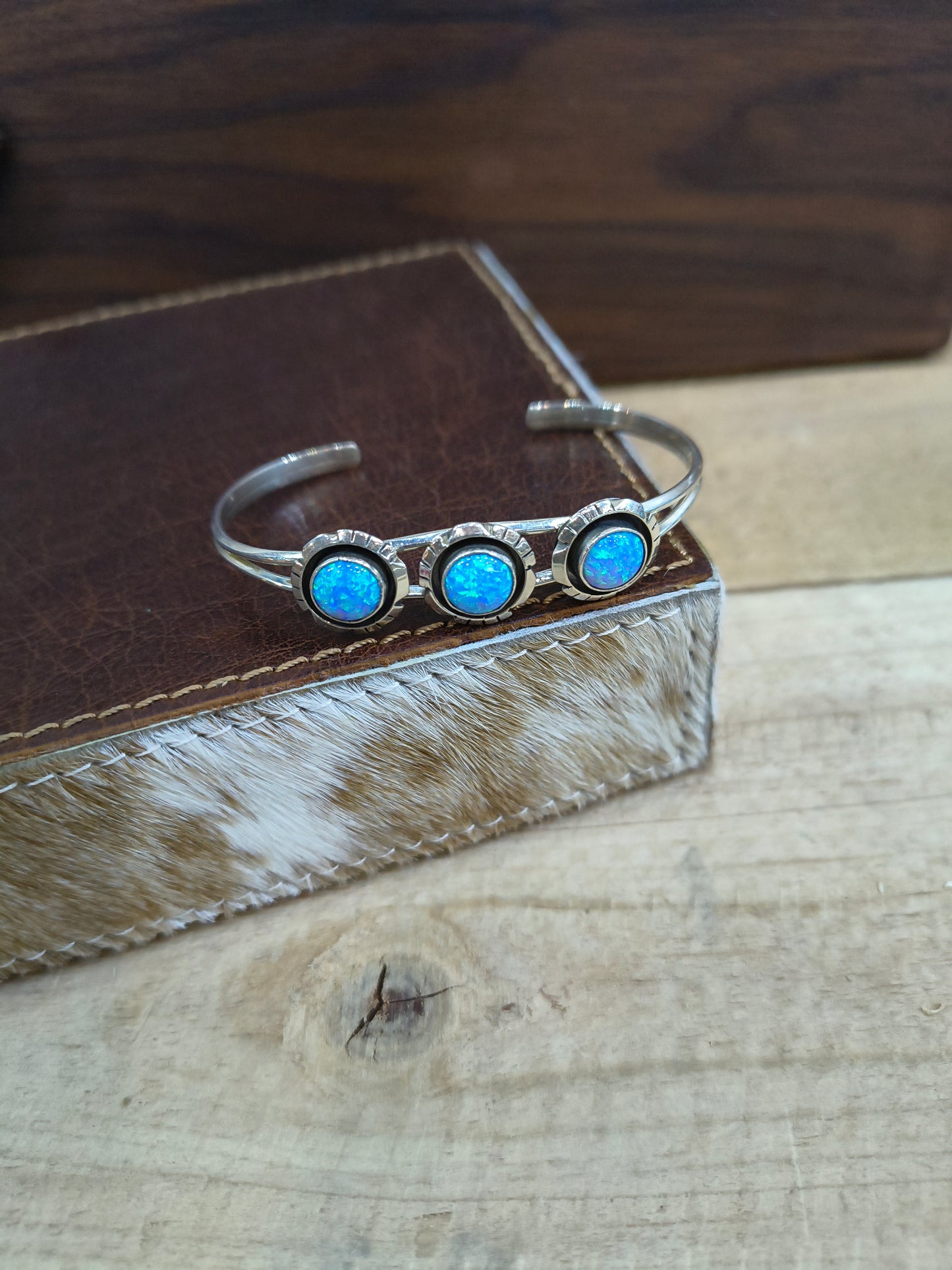 3 Stone Blue Opal Cuff by Amos Begay, Navajo