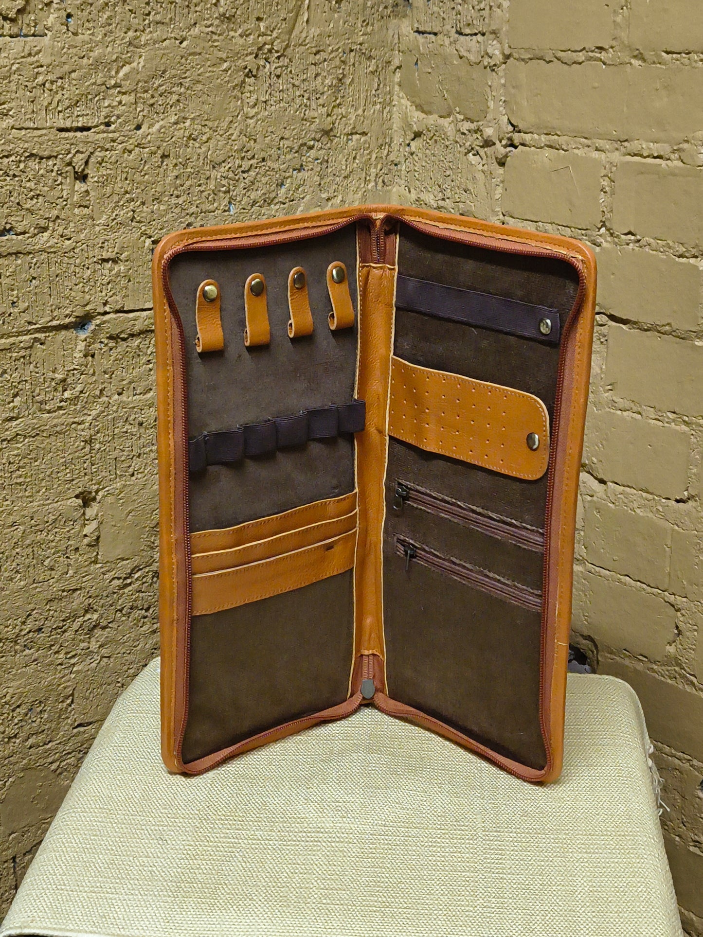 Medium Brown Tooled Leather and Cowhide Necklace Flat Jewelry Holder