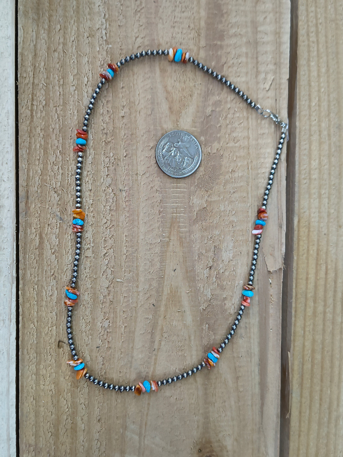 19" 3mm Navajo Style Pearls with Orange Spiny Oyster and Turquoise Chunks