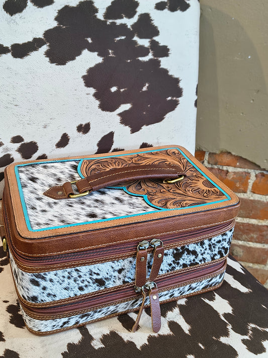 Leather Tooled with Cowhide 2 Layer Jewelry Box