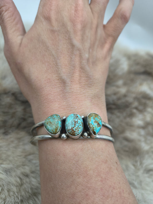 5.5”-7” #8 Turquoise 3 Stone Cuff by Augustine Largo, Navajo