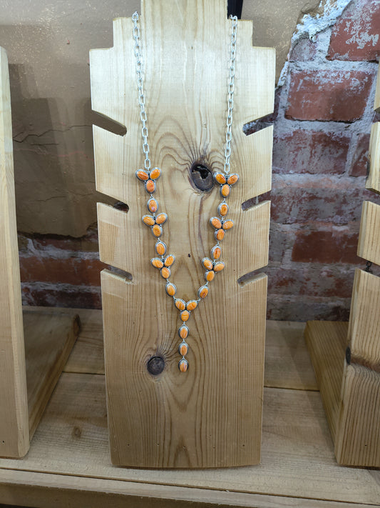 28" Orange Spiny Oyster Shell Lariat Necklace, Navajo Made