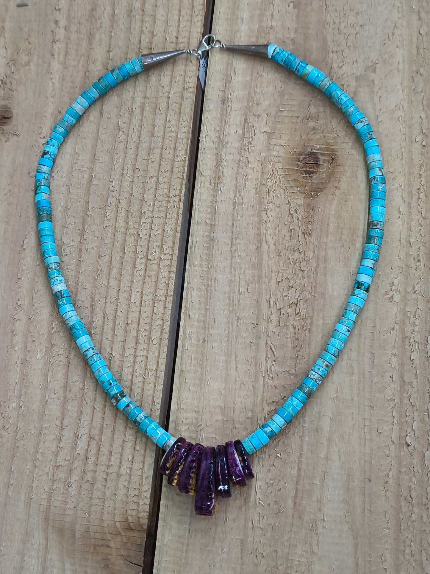 19" Purple Spiny Oyster and Turquoise Heishi Necklace