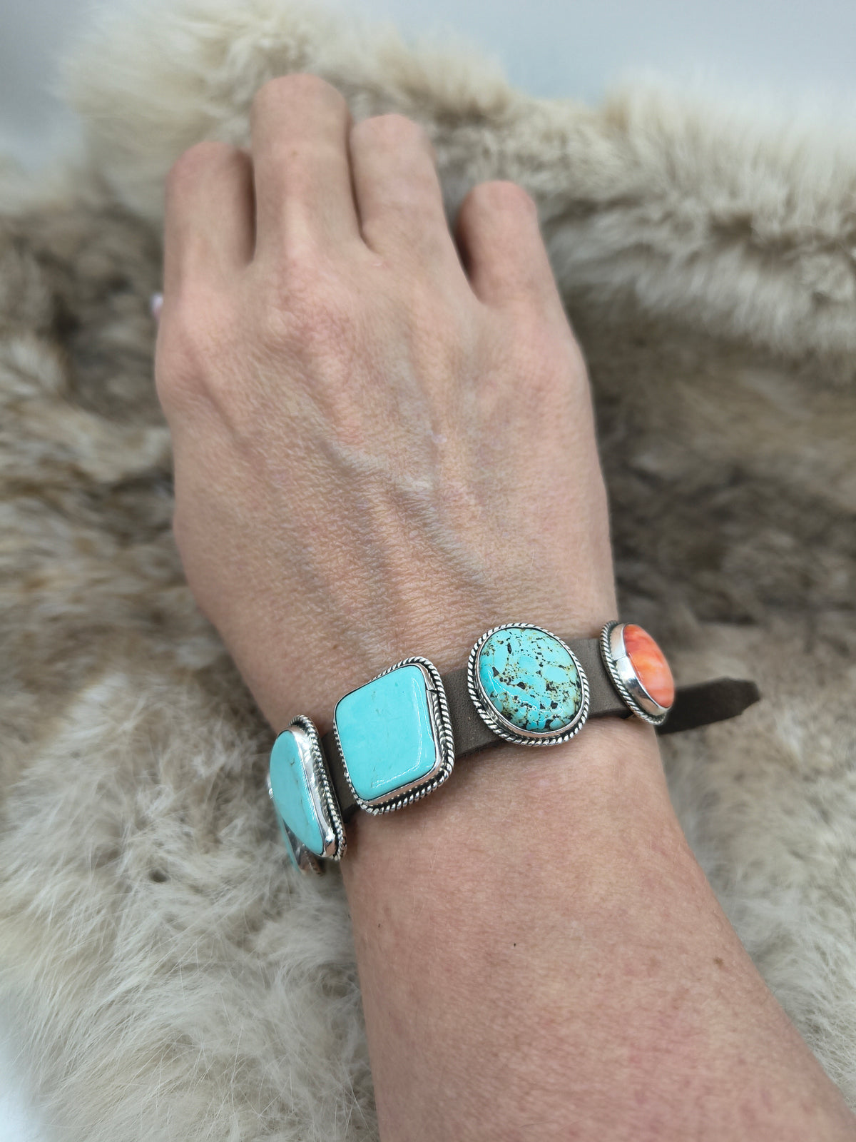 6.25”-9” 6 Stone Turquoise & Spiny Oyster Bracelet on Leather by “BW”, Navajo