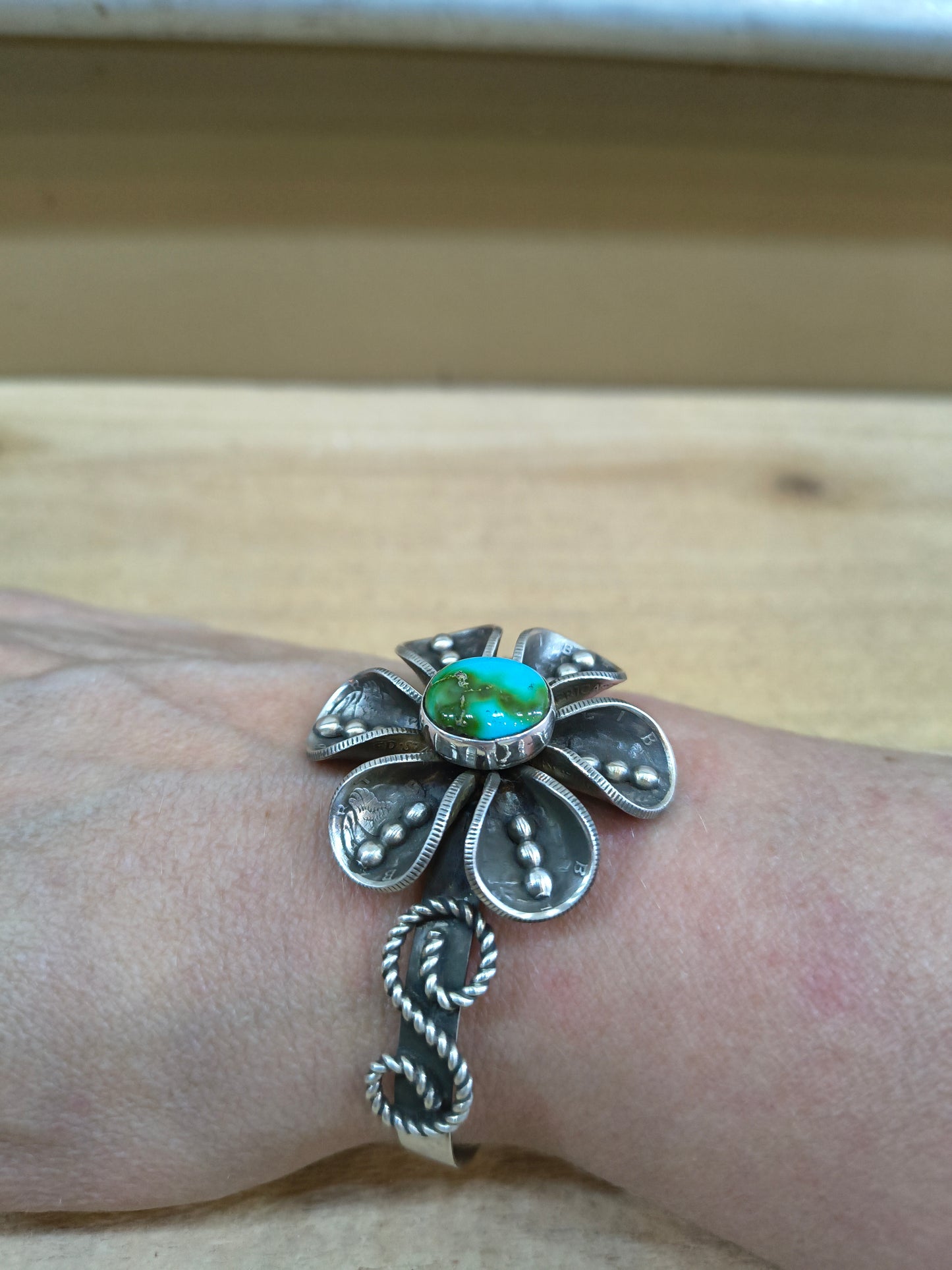 Sonoran Gold Turquoise with Mercury Dime Flower Cuff by James Begay, Jr., Navajo