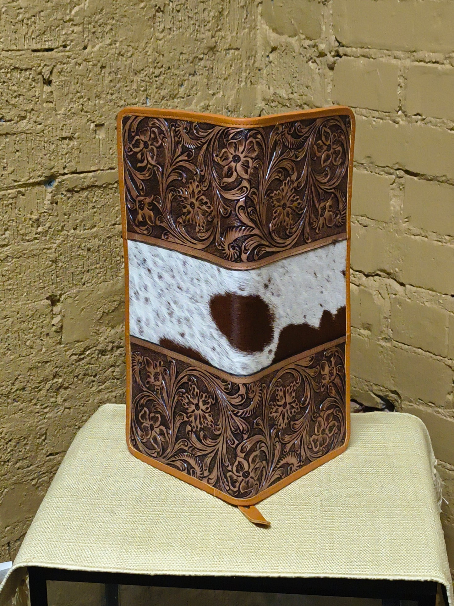 Medium Brown Tooled Leather and Cowhide Necklace Flat Jewelry Holder