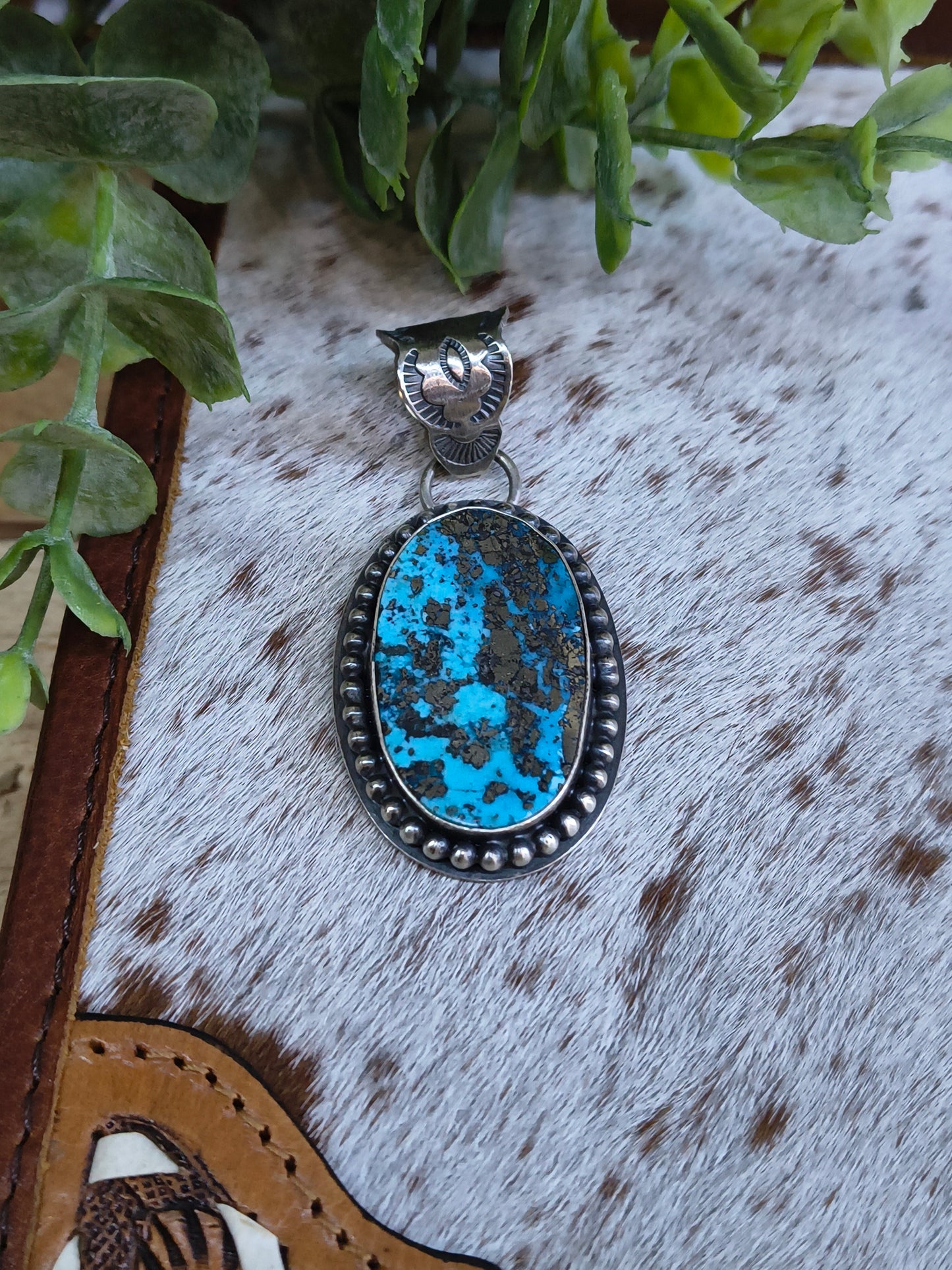 Kingman Turquoise with Pyrite Pendant 9mm Bail by Calvin Delgarito, Navajo