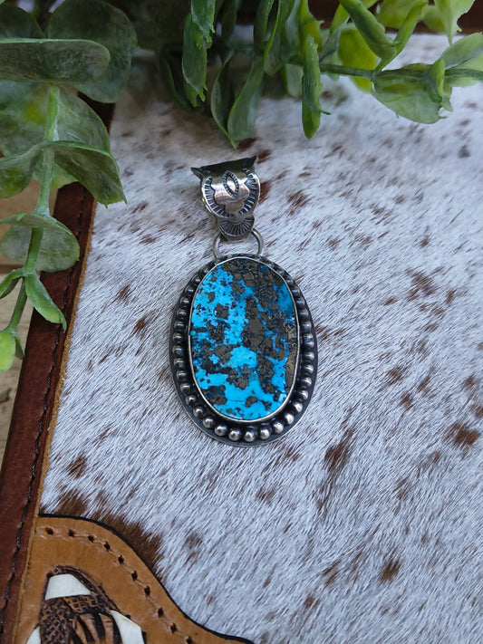 Kingman Turquoise with Pyrite Pendant 9mm Bail by Calvin Delgarito, Navajo