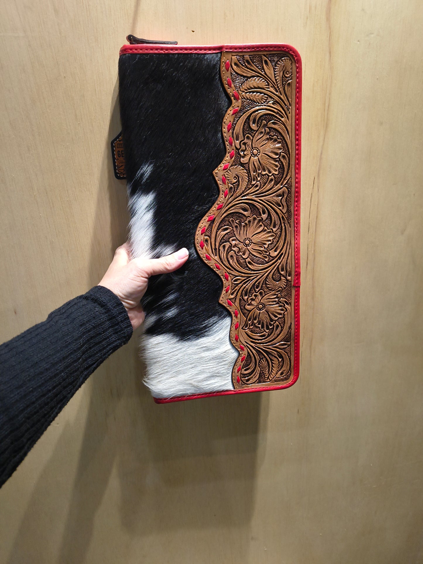 Medium Red Tooled Leather and Cowhide Necklace Flat Jewelry Holder