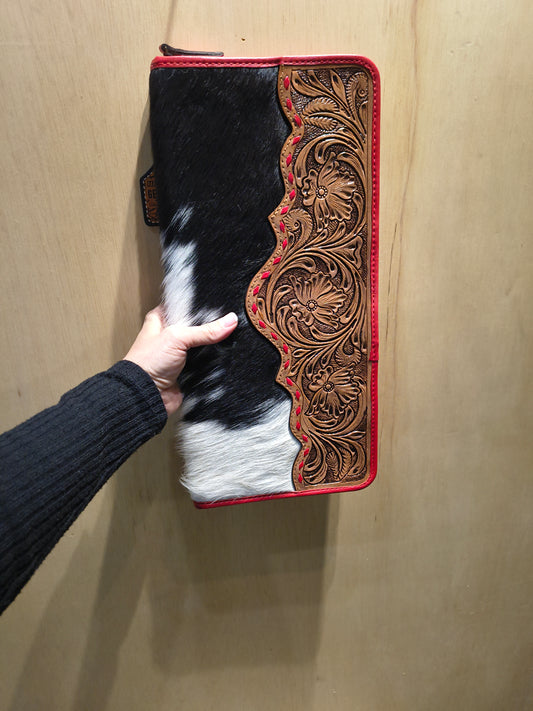 Medium Red Tooled Leather and Cowhide Necklace Flat Jewelry Holder