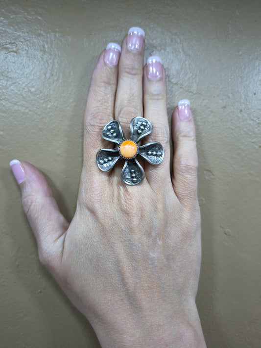 Spiny Oyster Shell Mercury Dime Flower Adjustable Ring by James Begay, Jr., Navajo