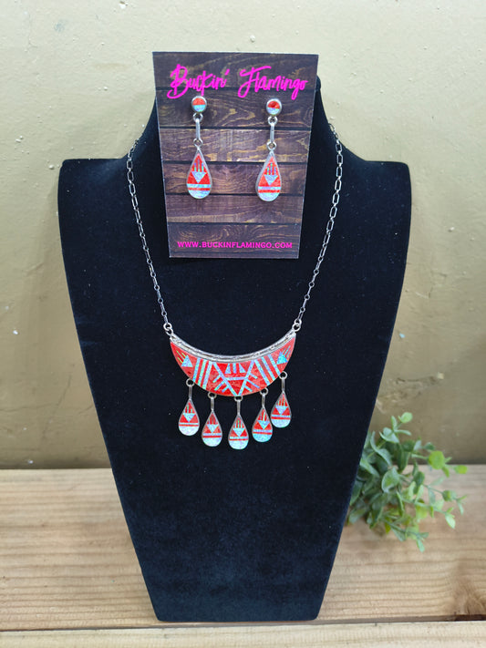 Apple Coral and Opal 14" Necklace and Earring Set