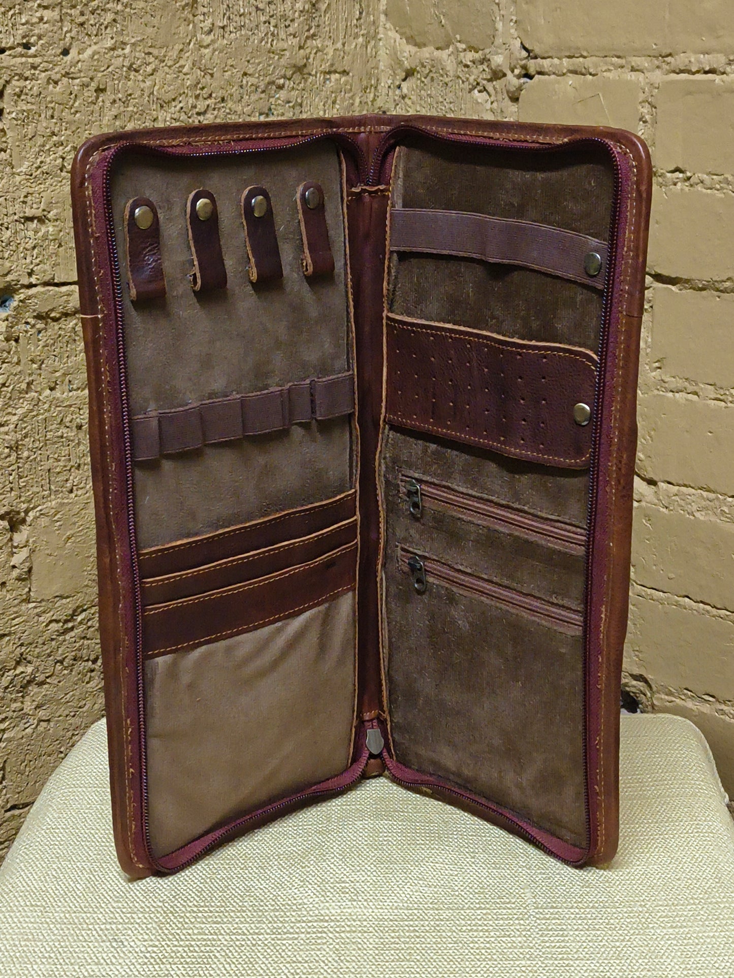Medium Brown Tooled Leather and Cowhide Necklace Flat Jewelry Holder