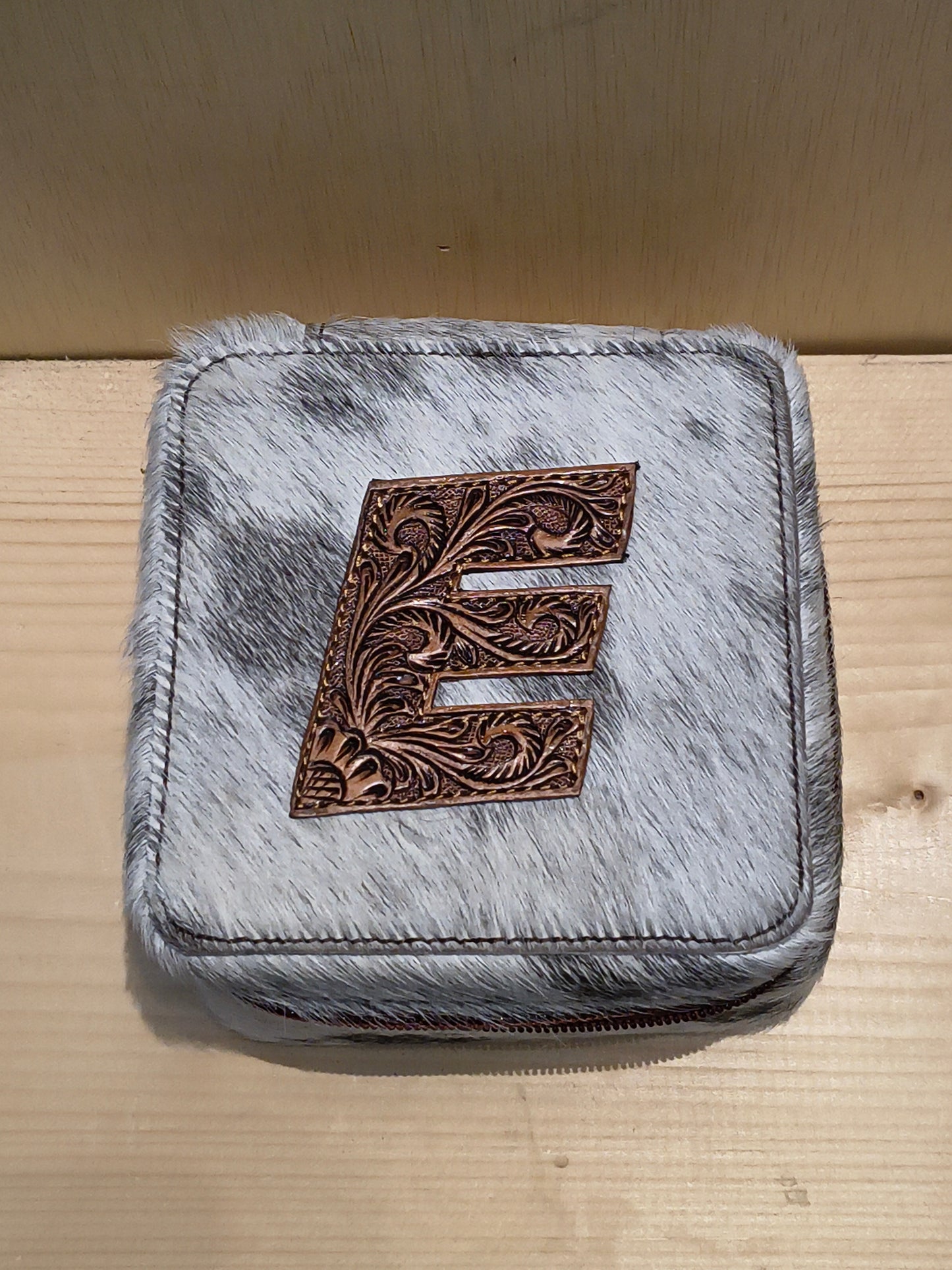 Small Square Cowhide/ Tooled Letter Jewelry Box