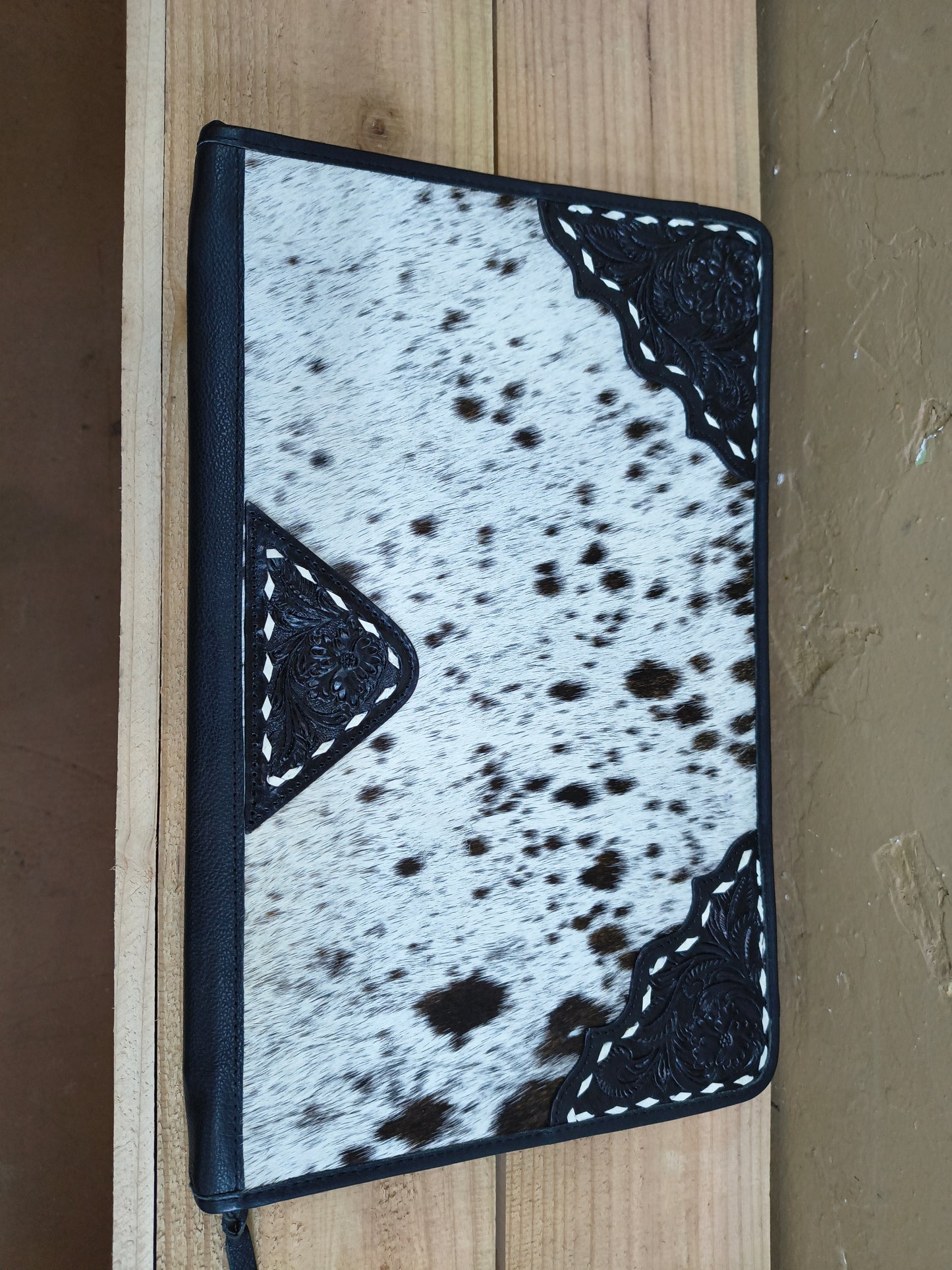 Tooled Leather and Cowhide Necklace Flat Jewelry Holder