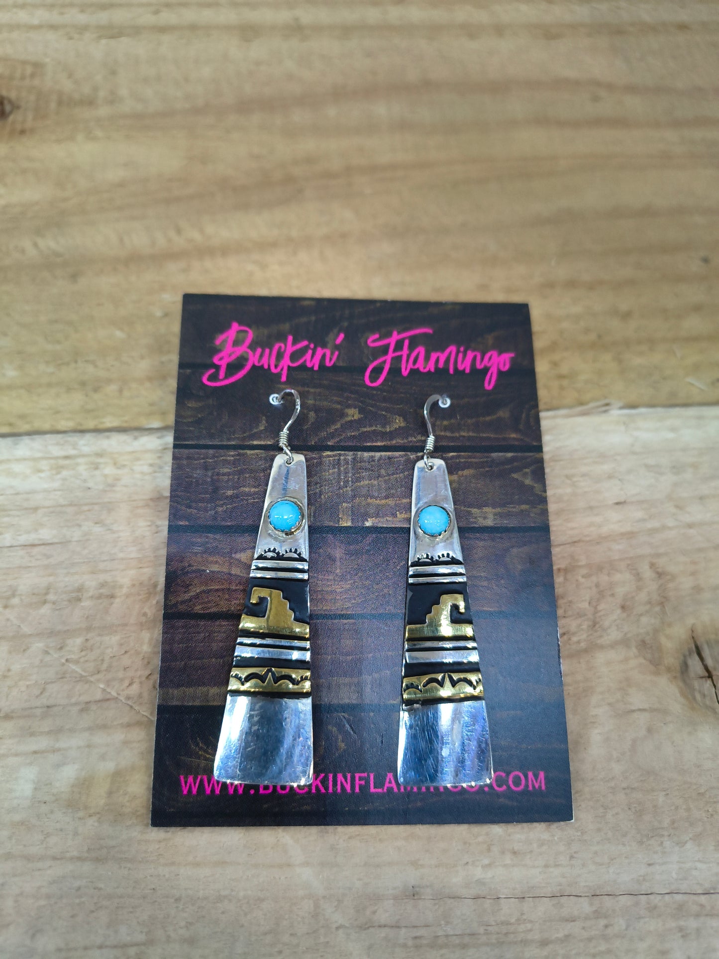 Silver with Brass Overlay Turquoise Dangle Earrings by Tommy and Rose Singer, Navajo