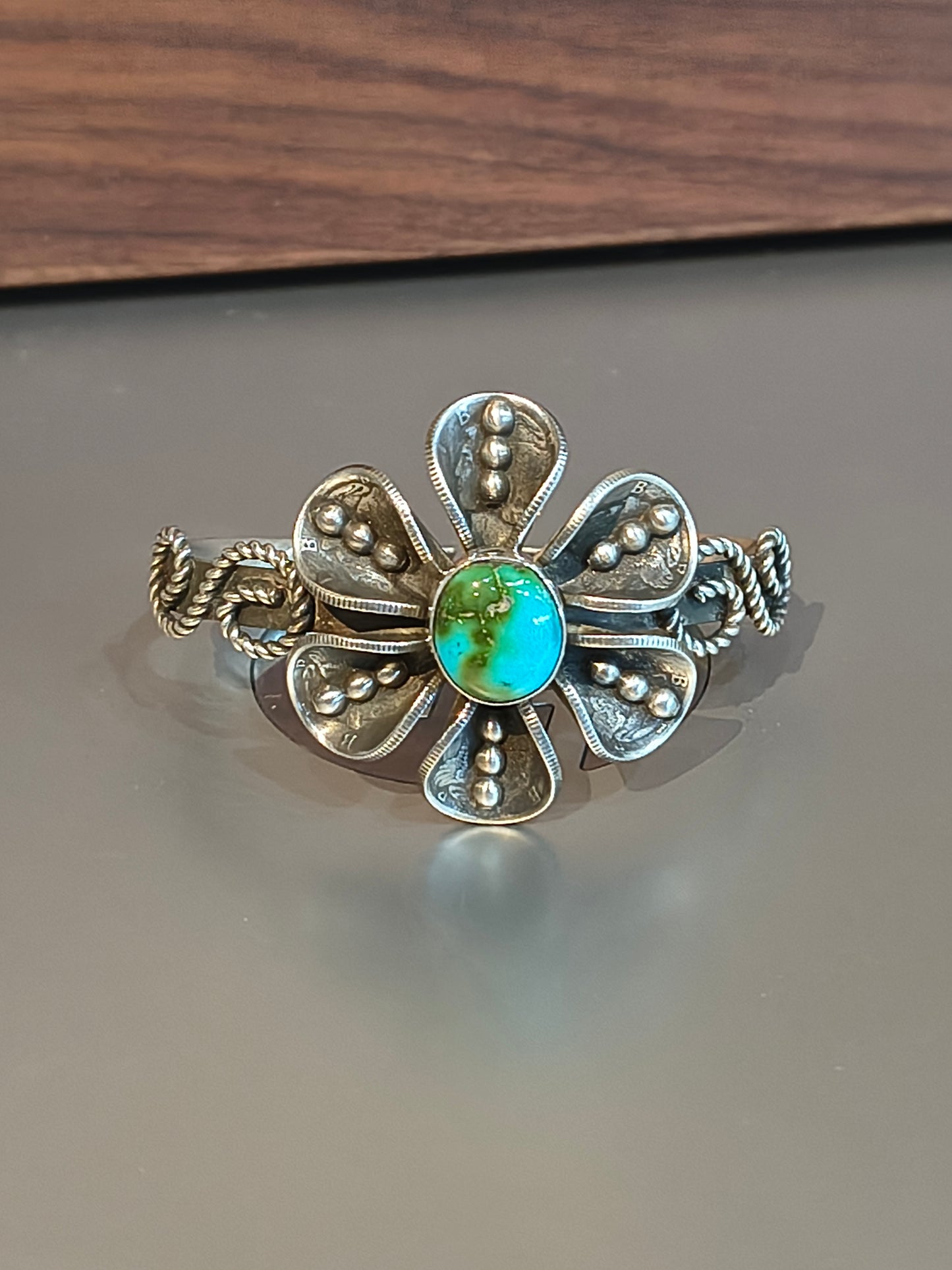 Sonoran Gold Turquoise with Mercury Dime Flower Cuff by James Begay, Jr., Navajo