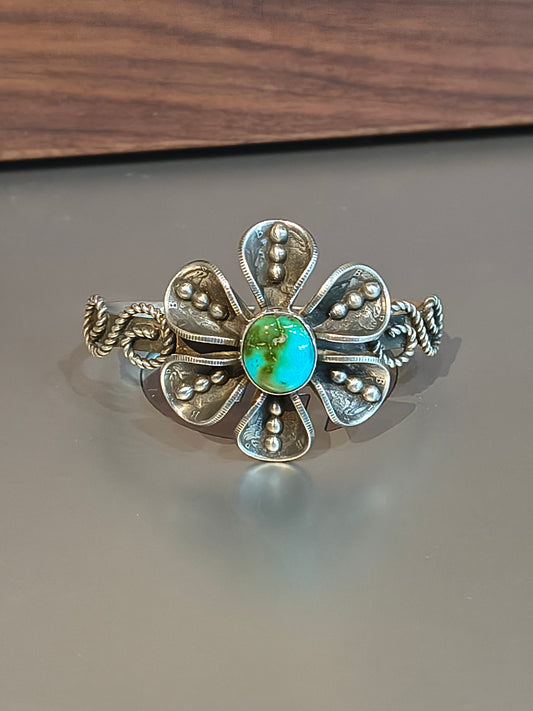 Sonoran Gold Turquoise with Mercury Dime Flower Cuff by James Begay, Jr., Navajo