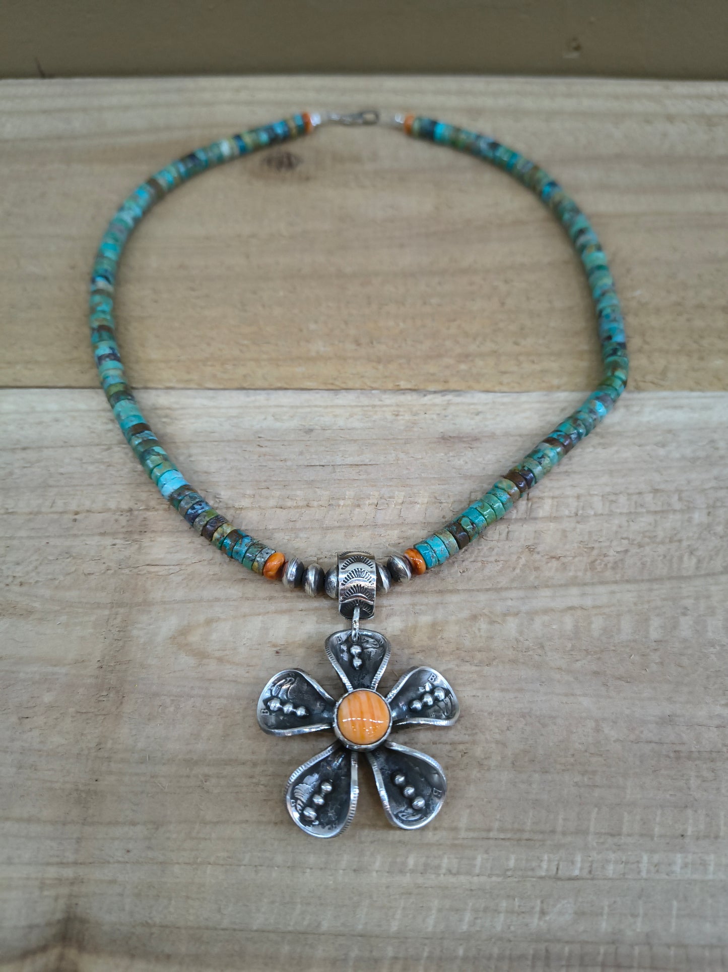 Mercury Dime Flower on 18" Turquoise Heshi Necklace by James Begay, Jr., Navajo