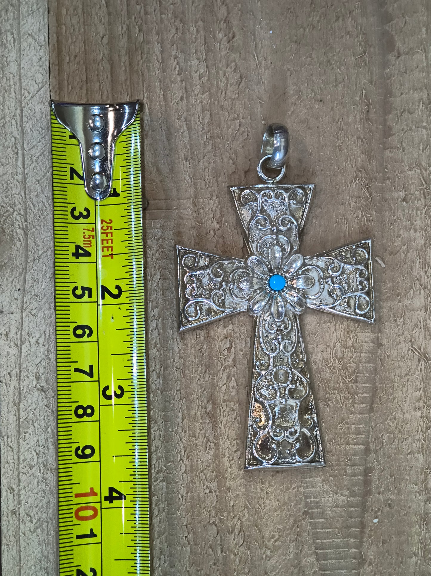 Heavy Silver Cross Pendant with Turquoise and a 10mm Bail by Virick Laweka, Zuni