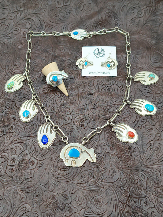 4 Piece Set by Marie Jackson, Navajo-Ring Size 8.0, 23” Handmade Chain with Sleeping Beauty Turquoise, Lapis, and Coral.