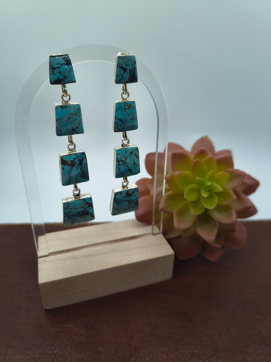 3" Long 4 Stone Turquoise Dangle Earrings by Jennifer Cayaditto, Navajo