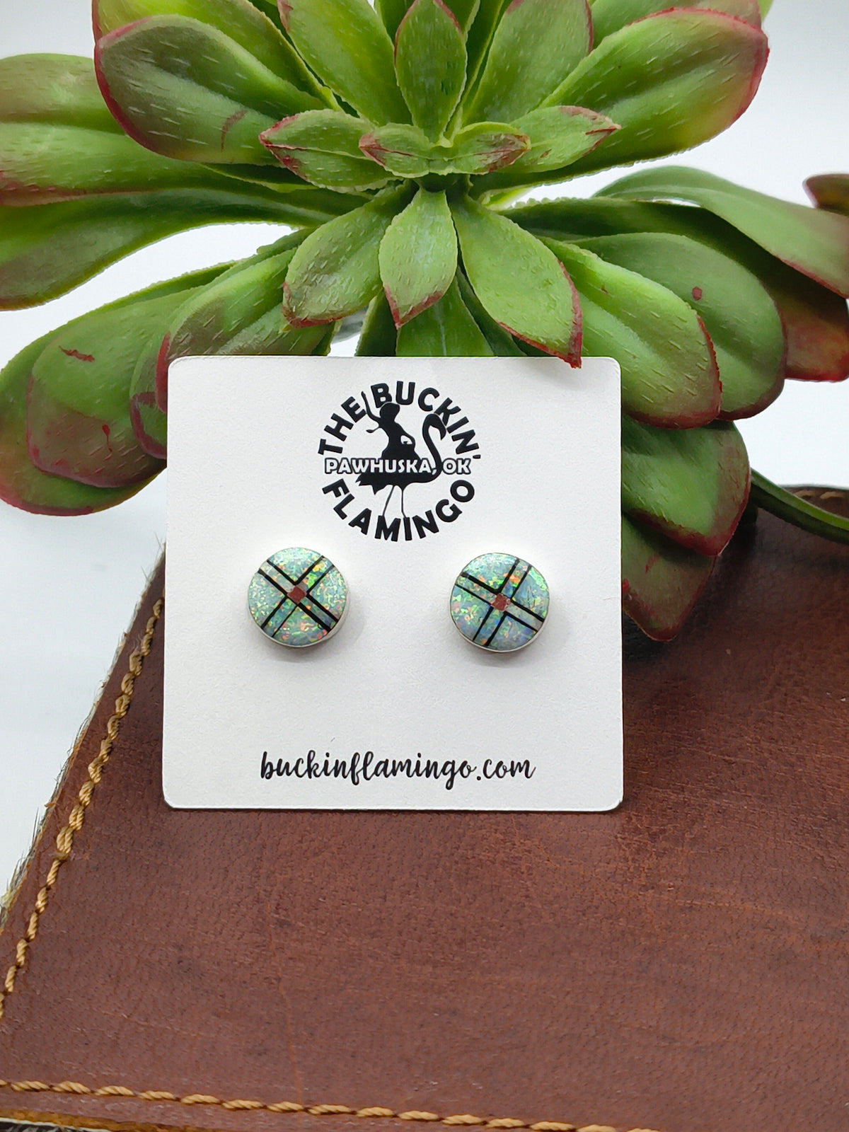 White Round Opal Post Earrings by Carey Luarkie, Zuni