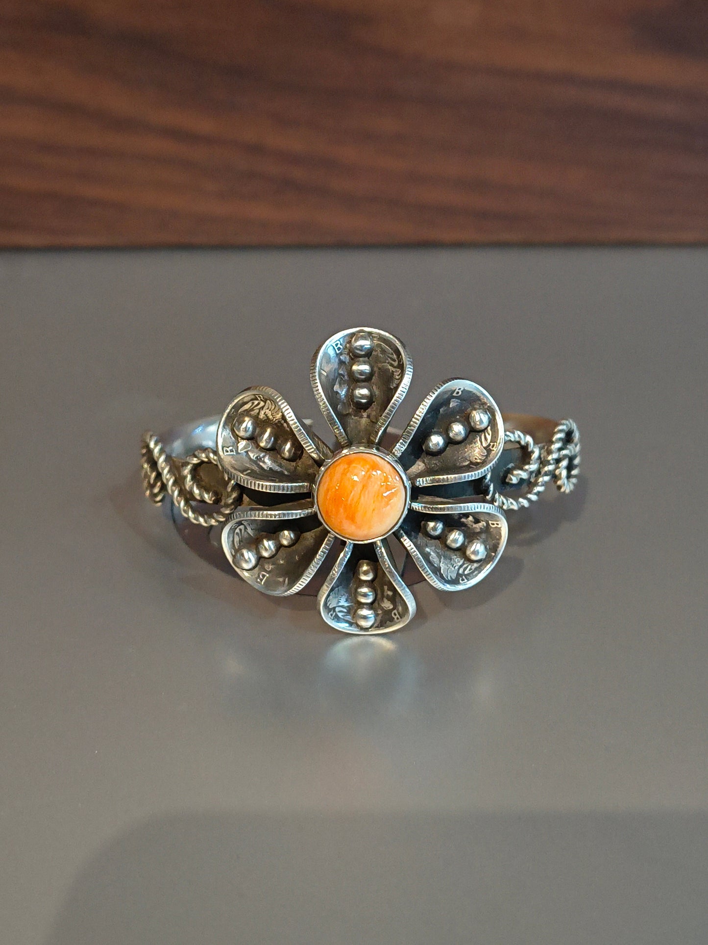 Orange Spiny Oyster Shell with Mercury Dime Flower Cuff Bracelet by James Begay, Jr., Navajo