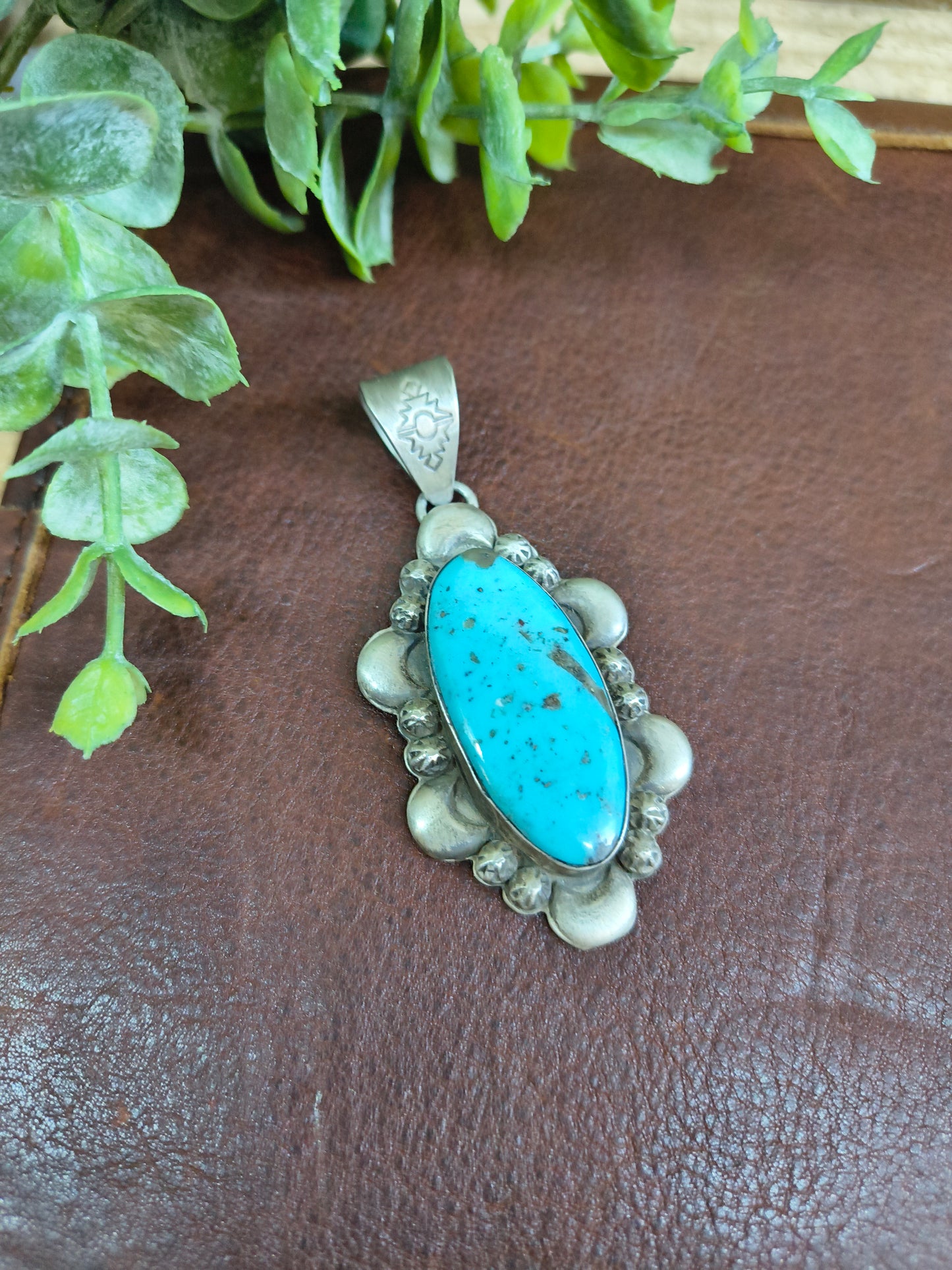 Slender Oval Kingman Turquoise Pendant 10 mm by Steven Nez