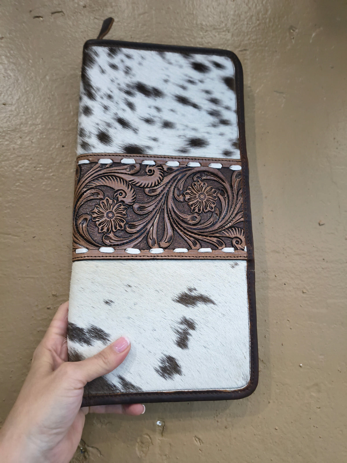 Spotted Brown Tooled Leather and Cowhide Necklace Flat Jewelry Holder