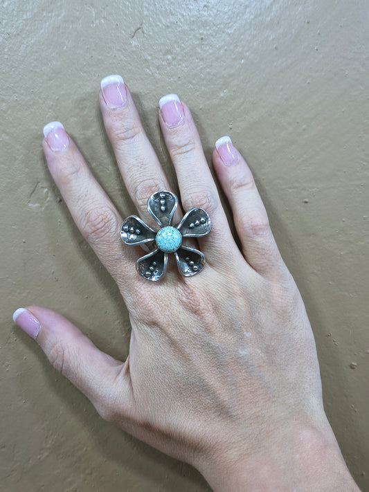 Dry Creek Turquoise Mercury Dime Flower Adjustable Ring by James Begay, Jr., Navajo