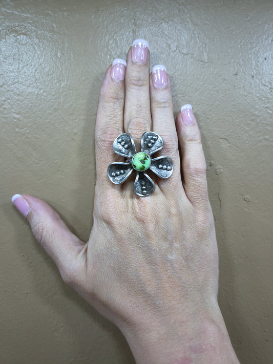 Palomino Turquoise Mercury Dime Flower Adjustable Ring by James Begay, Jr., Navajo