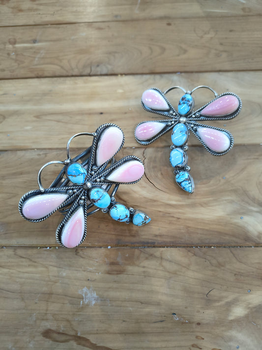 Golden Hills Turquoise and Pink Conch Shell Dragonfly Cuff and Matching Ring by Gabby Jurado, Mexican