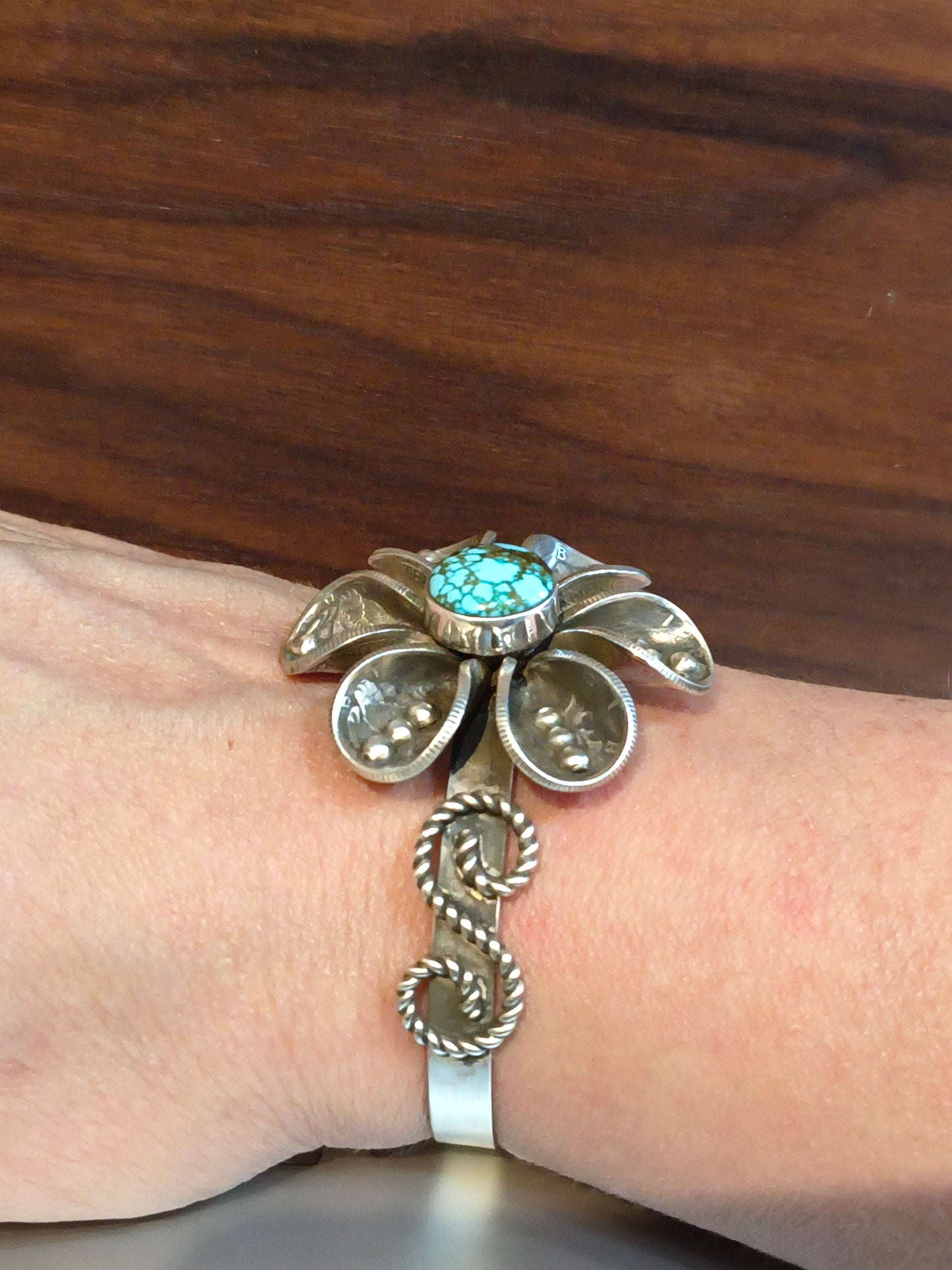 High Grade Kingman with Mercury Dime Flower Cuff by James Begay, Jr., Navajo
