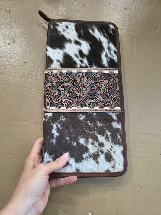 Spotted Dark Brown Tooled Leather and Cowhide Necklace Flat Jewelry Holder
