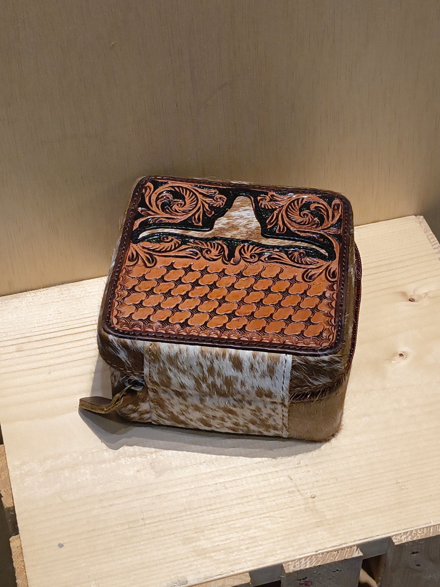 Small Square Cowhide/ Tooled Jewelry Box