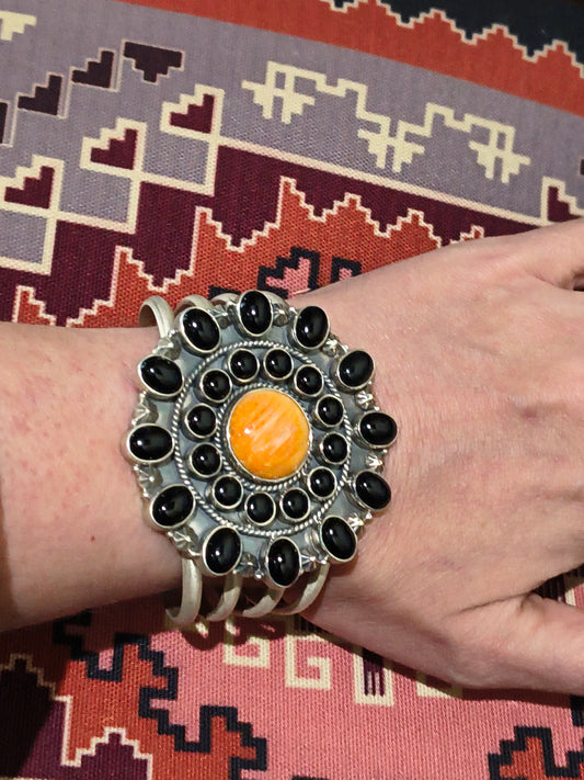 5 1/2"-7 1/4" Black Onyx and Orange Spiny Oyster Shell Cluster Cuff by Zia