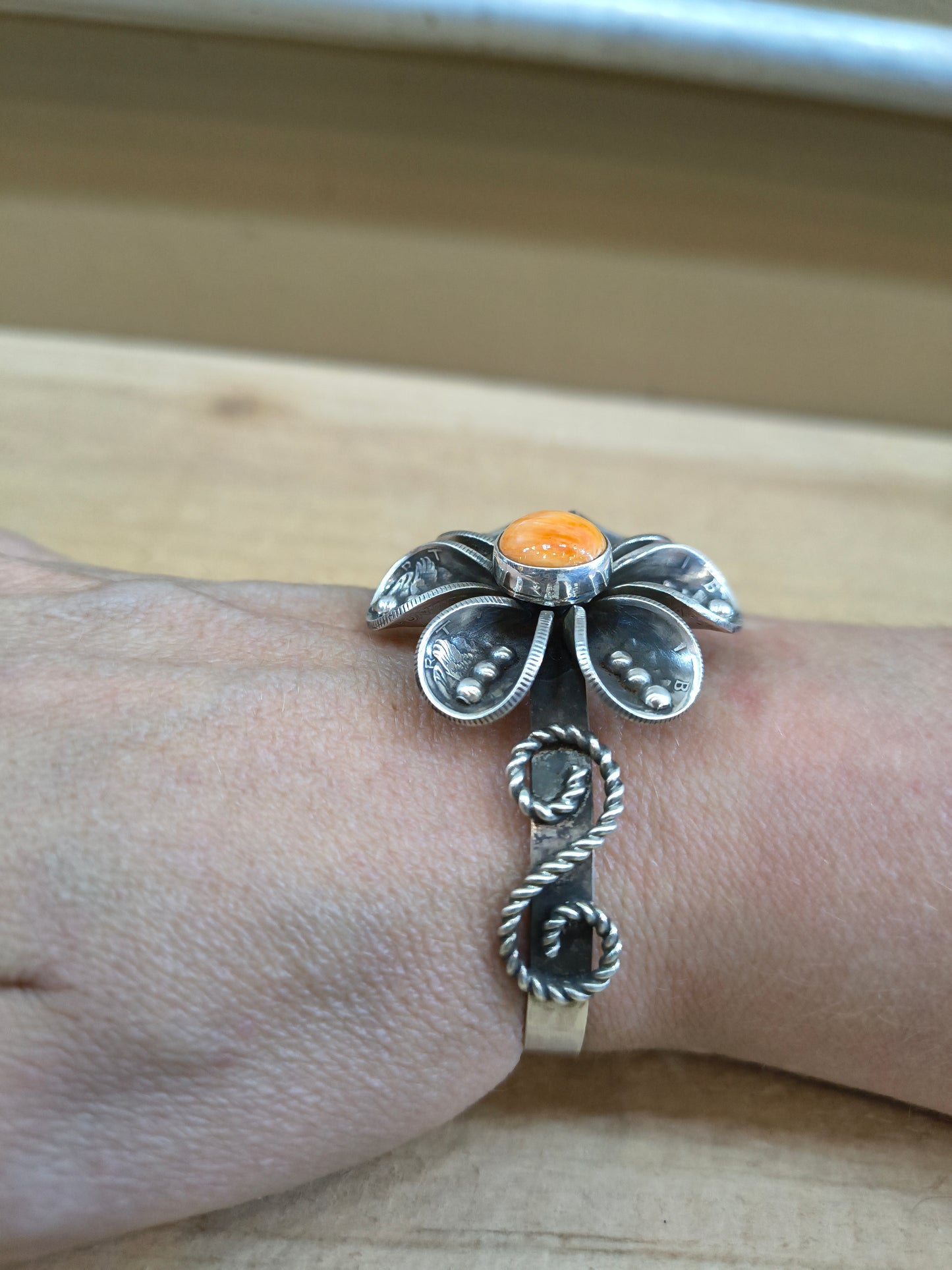 Orange Spiny Oyster Shell with Mercury Dime Flower Cuff Bracelet by James Begay, Jr., Navajo
