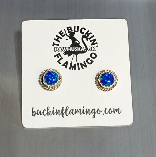Dark Blue Opal 7.5 mm Post Earrings by Larson Chee, Navajo