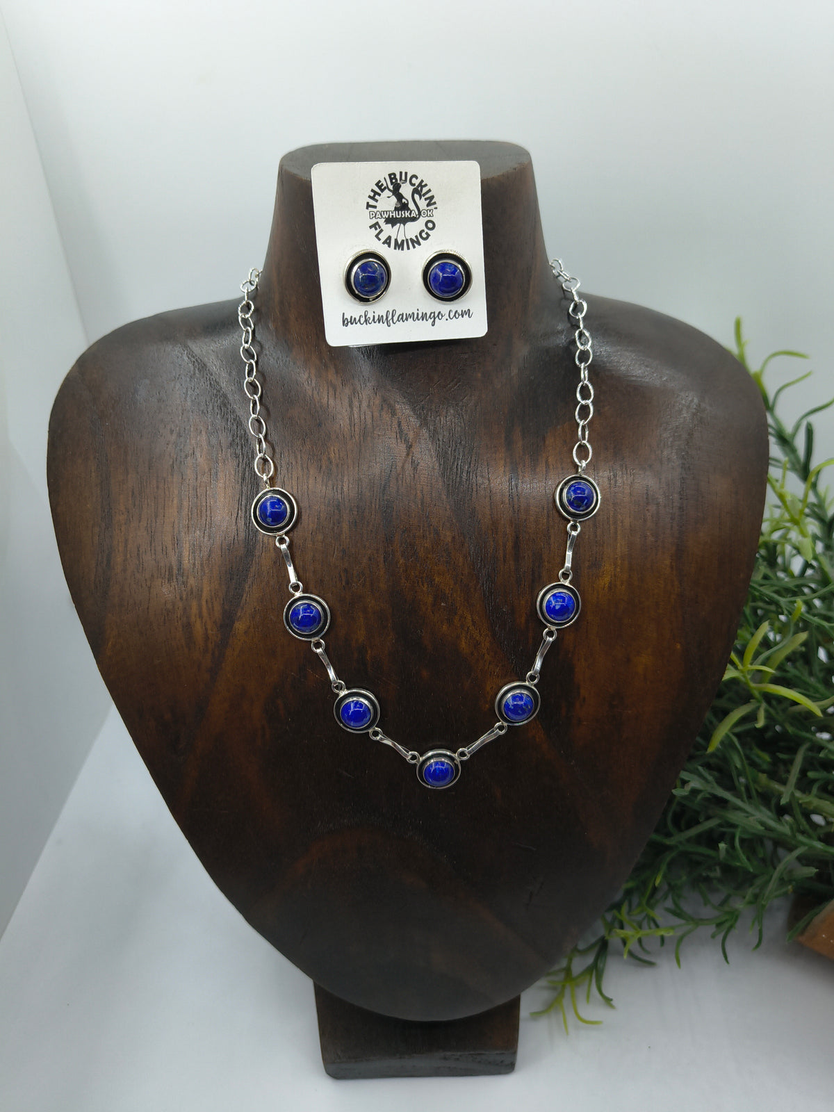 16" 7 Stone Lapis Necklace & Earring Set by Martin Perry, Navajo
