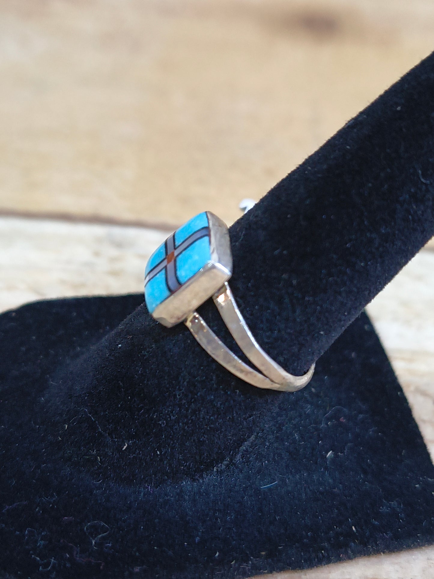 Turquoise, Mother of Pearl, Black Jet Inlay Ring
