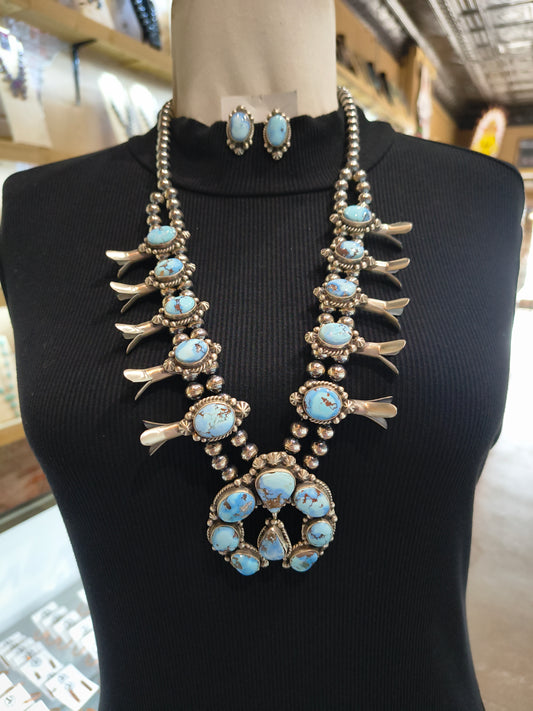 26" Golden Hills Turquoise Squash Blossom Necklace and Earring Set by Elouise Kee, Navajo