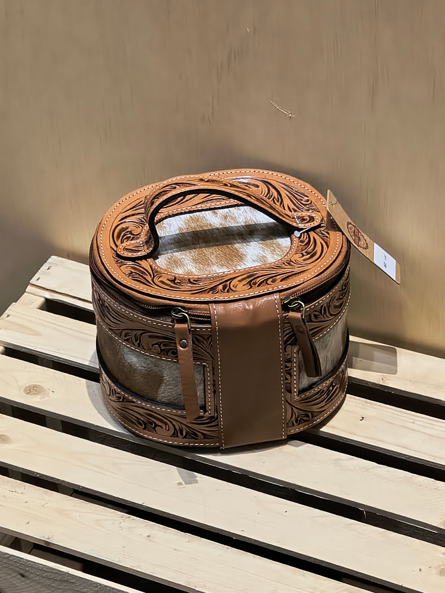 Small Round Tooled Cowhide Jewelry Box