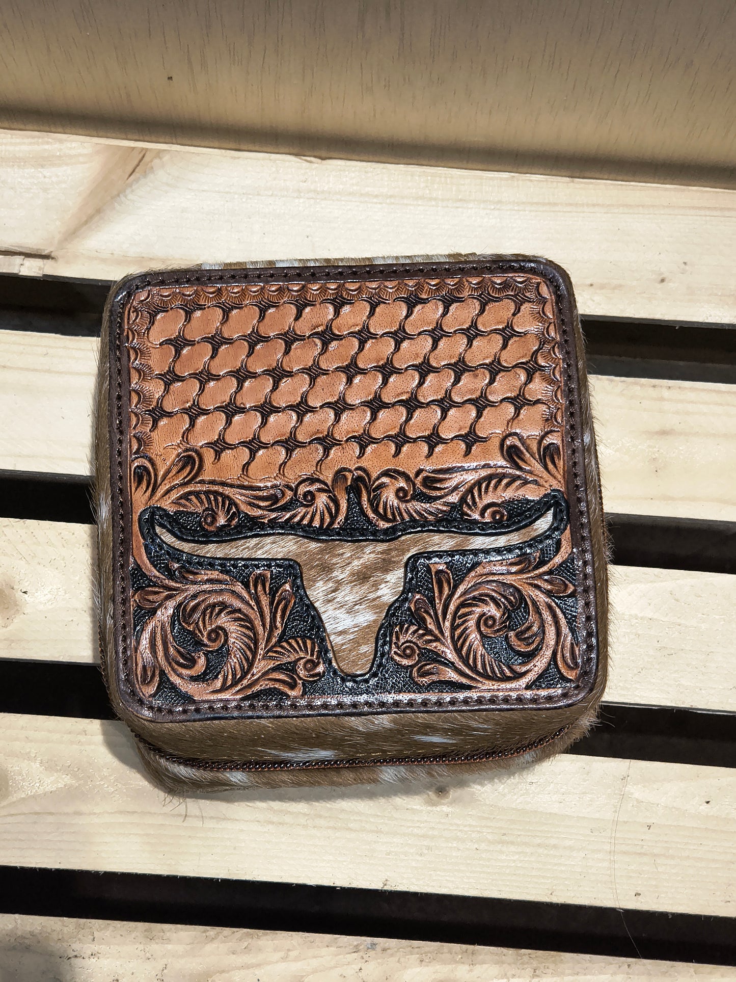 Small Square Cowhide/ Tooled Jewelry Box