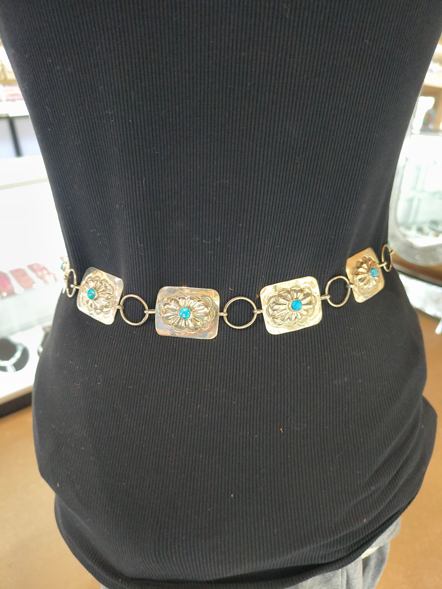 Silver Square Concho Belt with Turquoise by Louise Yazzie, Navajo