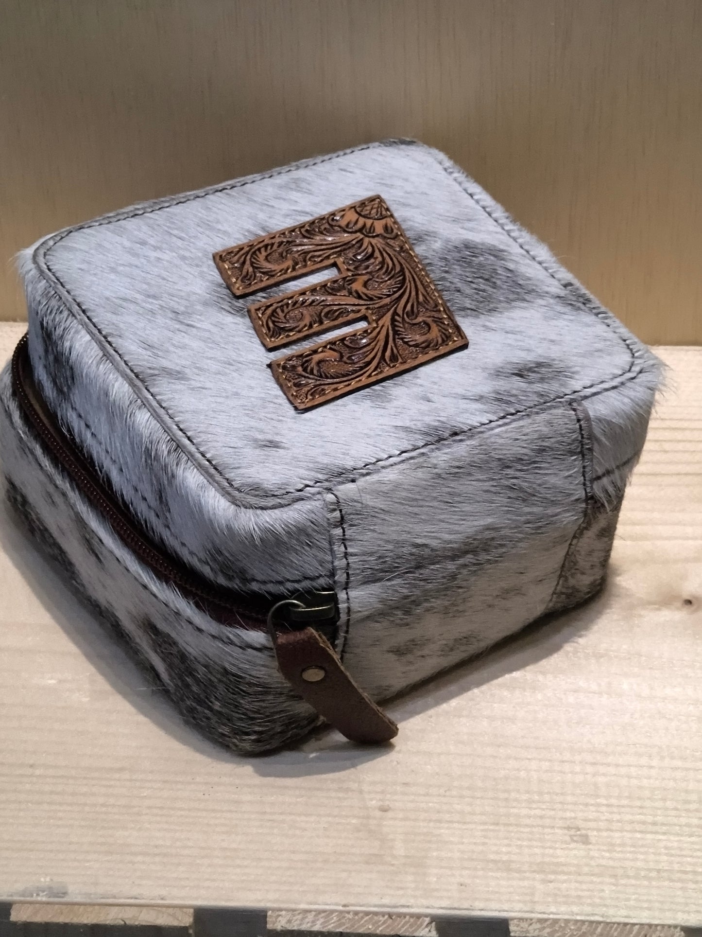 Small Square Cowhide/ Tooled Letter Jewelry Box
